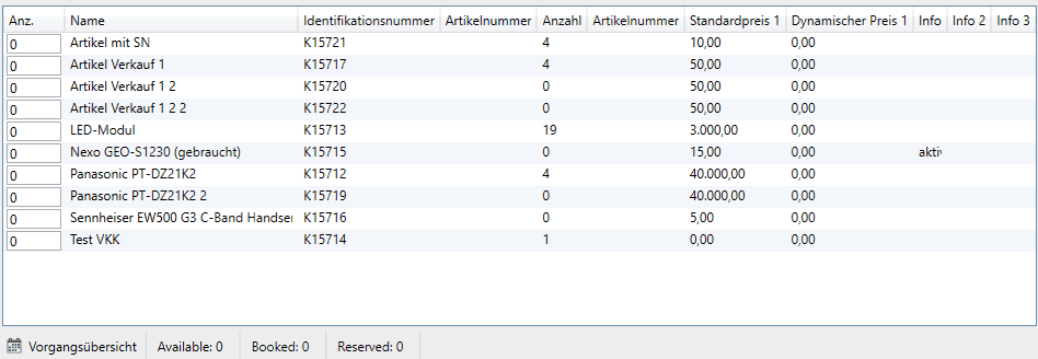 Verkaufvorgang-Artikel-Auswahl