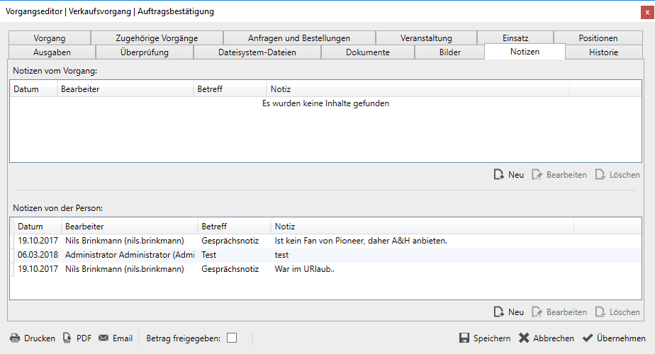 Verkaufvorgang-Notizen