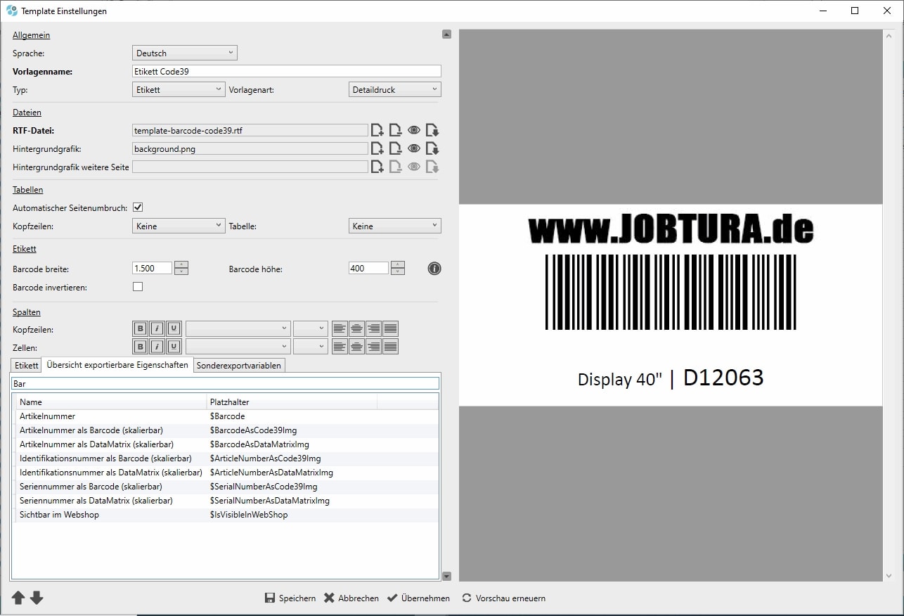 Jobtura-Etikett-Barcode-Vorlageneditor